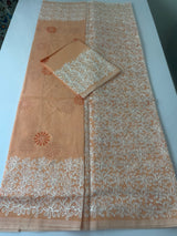 Supernet blockprinted saree with aari work MSUP314 Peach