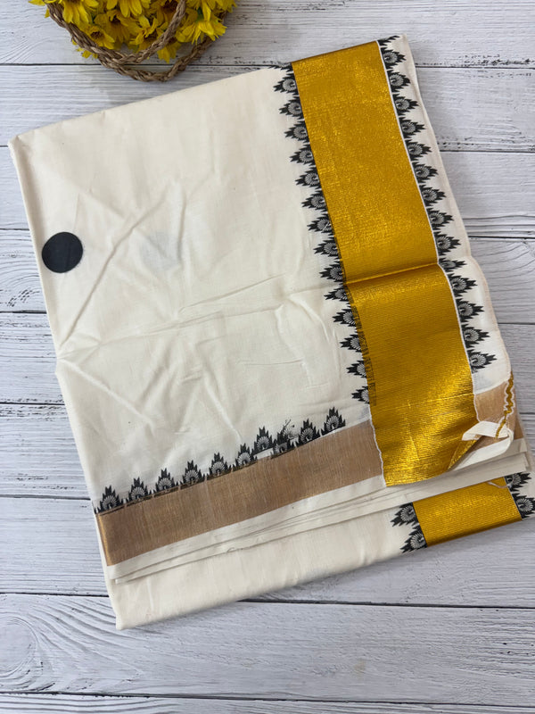 Kerala cotton saree - Black Polka dots