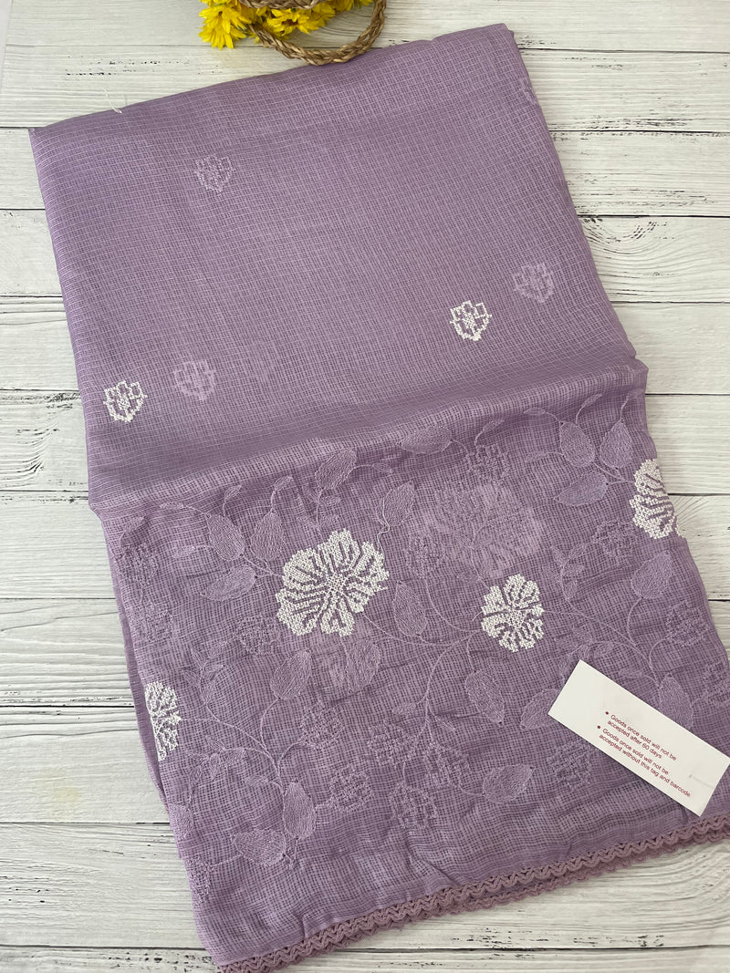 Soft kota checks saree with embroidery SVPIIY- Lavender