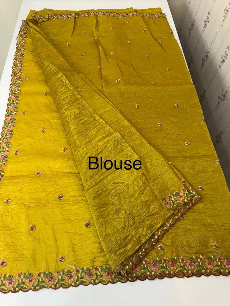 Crush Organza embroidery saree MS14567- Greeny Mustard