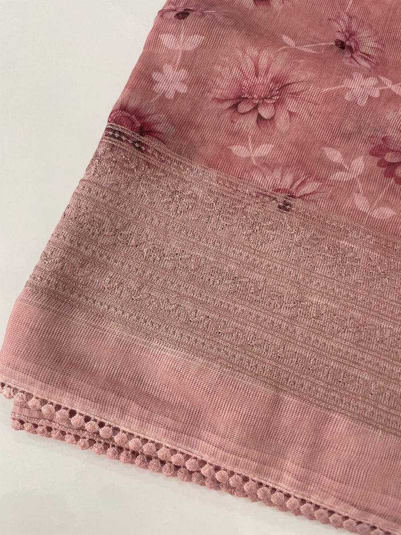 Supernet saree with digital prints and chikankari border SKFNSEM