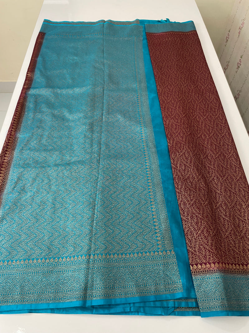 Banarasi semi katan saree with contrast border SHKNTNM- Wine to Blue