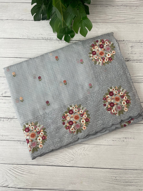 Soft kota silk saree with embroidery MSS678- Pastel BluishGrey