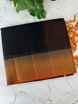 Jute silk sarees with contrast pallu & blouse MJL396 Black to Mustard