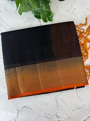Jute silk sarees with contrast pallu & blouse MJL396 Black to Mustard
