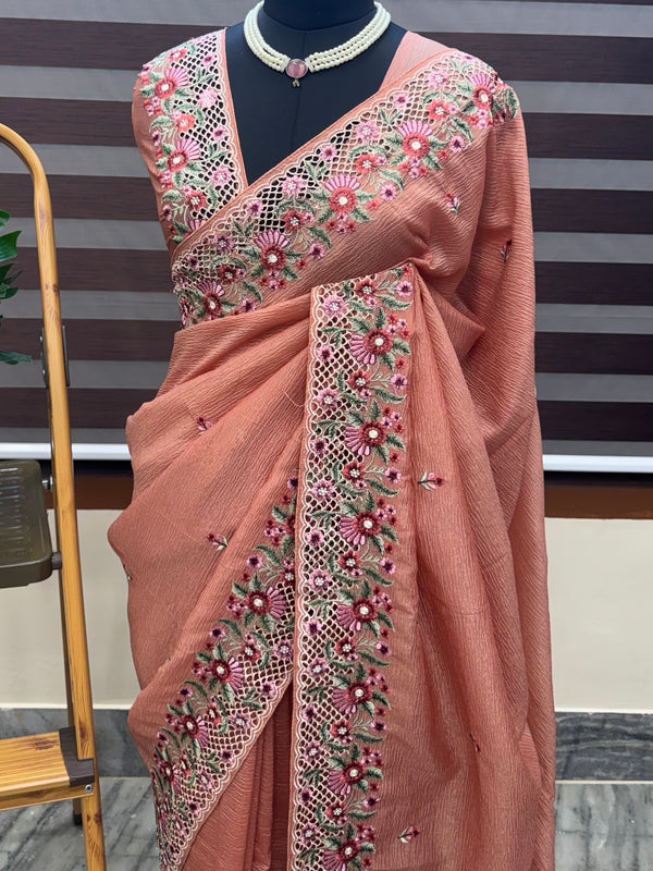 Crush Georgette-Organza cutwork & embroidery saree BISCCYIM Peach