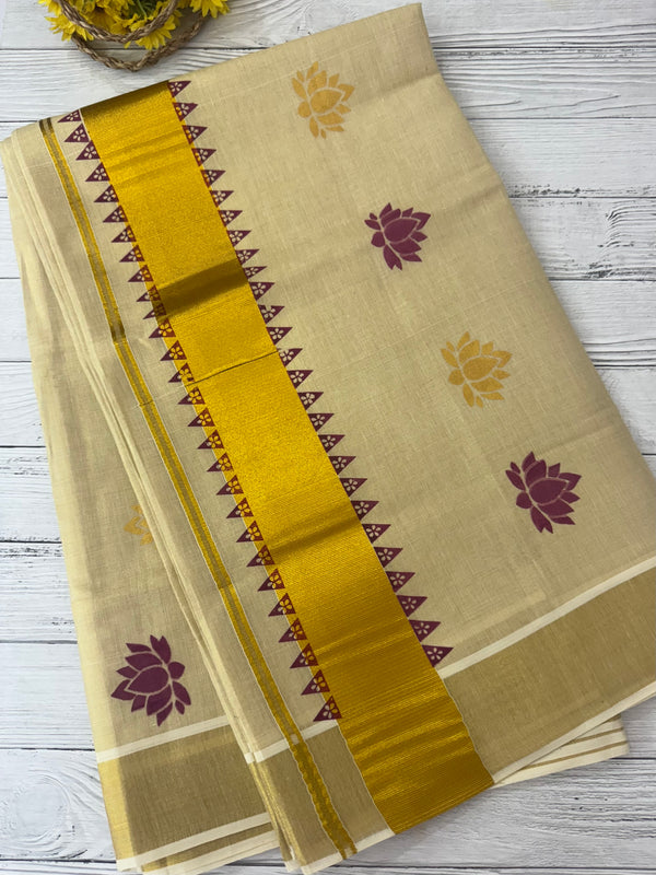 Kerala Lotus printed tissue saree - Vadamalli