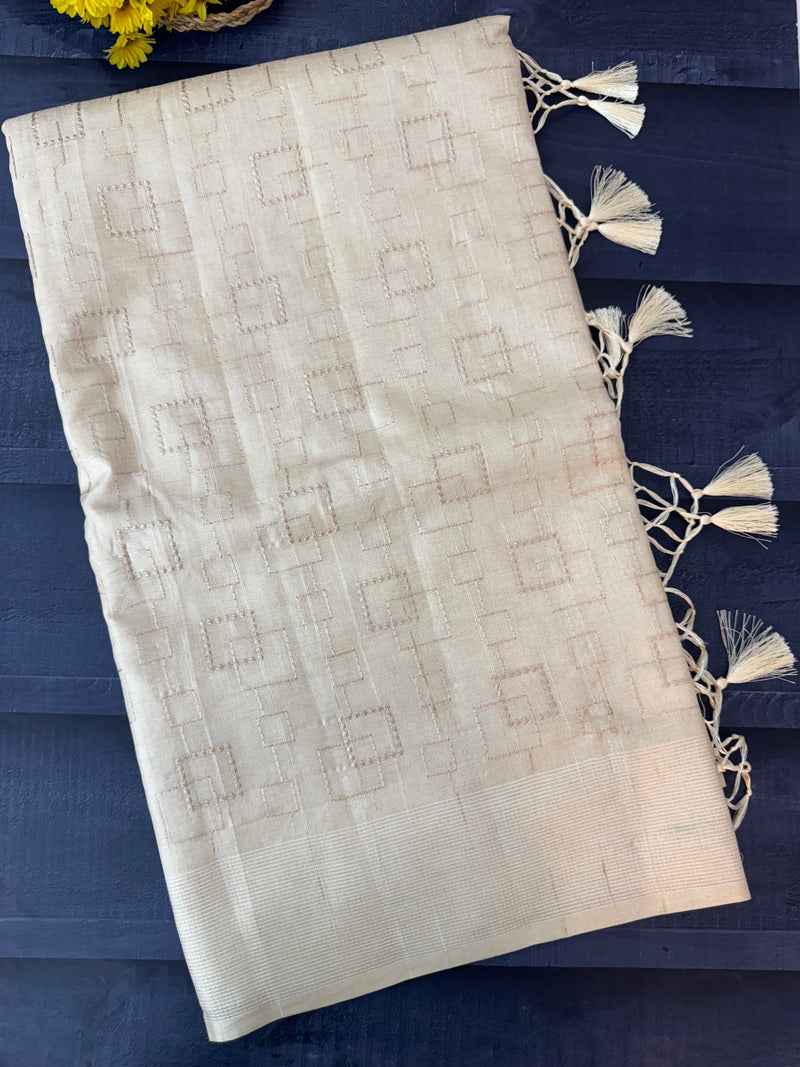 Blended tussar saree with embriodery - MS8665 Cream