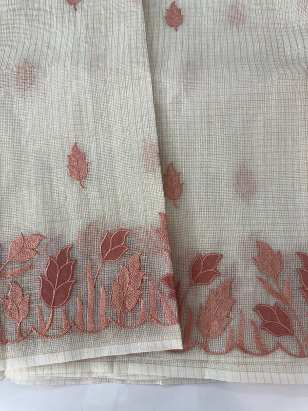 Tissue silk saree with zari checks and applique work  MSH105- Offwhite to DuskyPeach