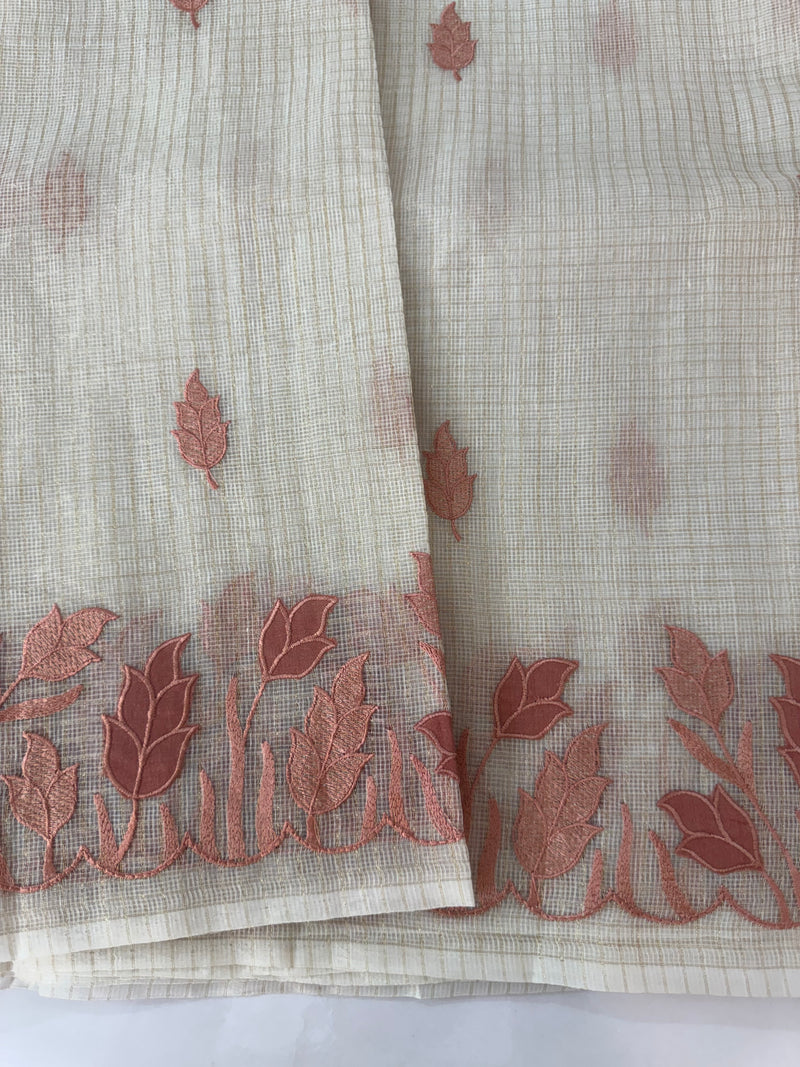 Tissue silk saree with zari checks and applique work  MSH105- Offwhite to DuskyPeach