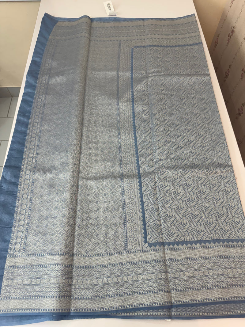 Banarasi semi katan saree in silver zari MS14667 - PowderBlue