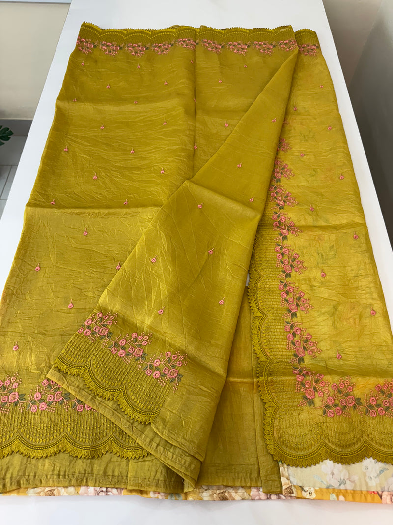 Crush Organza embroidery saree SVVSN39 GreenyMustard