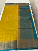 Jute silk sarees with contrast pallu & blouse MJL396 Mustard to Blue