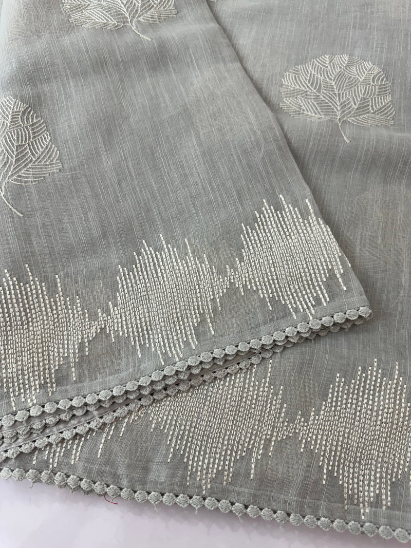 Semi linen saree with embroidery- MS15087 PastelGrey