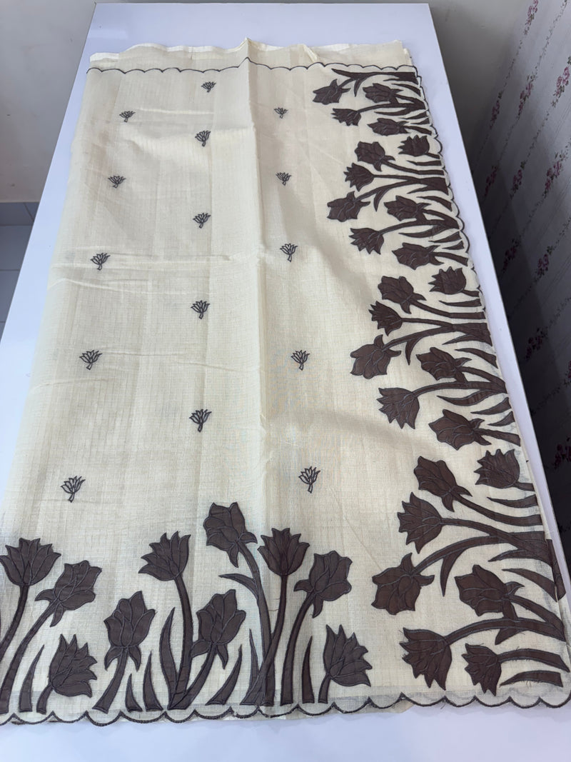 Jute Linen Applique work saree  -MSH128 Offwhite to DarkGrey