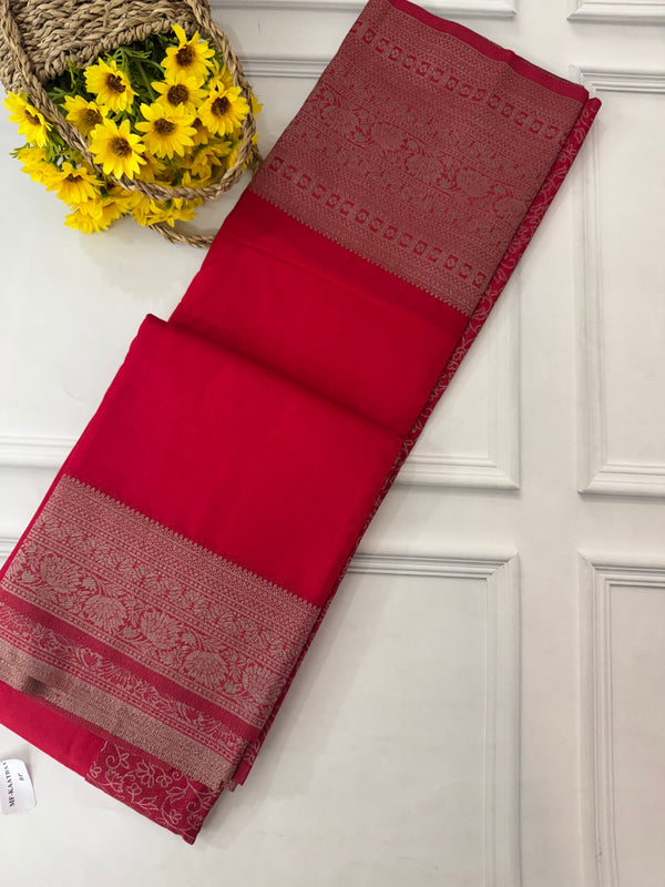 Crepe chiffon saree with brocade blouse - MS1134 Red