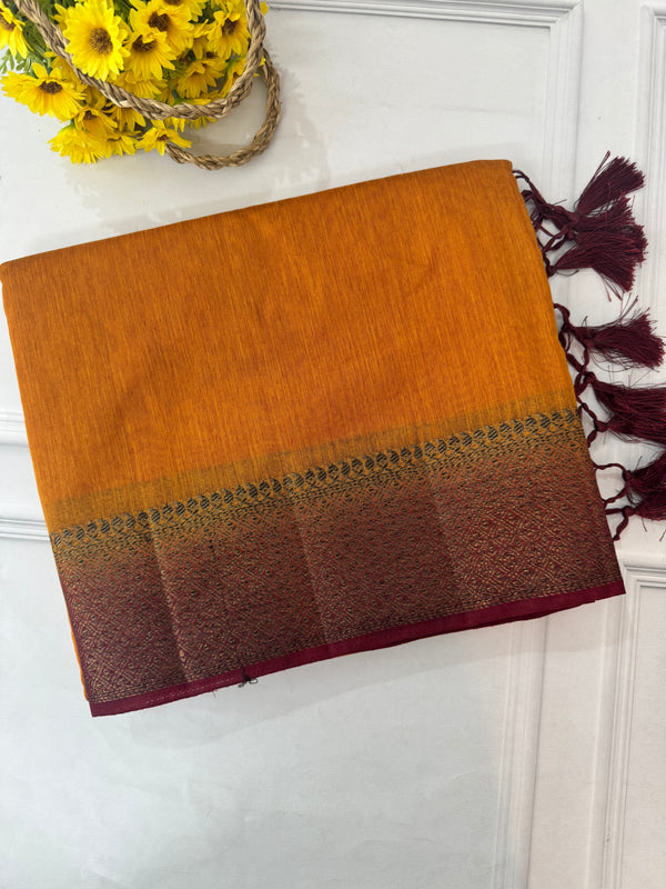 Jute silk sarees with contrast pallu & blouse MJL392 -Mustard to Maroon