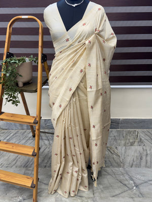 Blended tussar saree with embriodery - MJHG44 Chiku