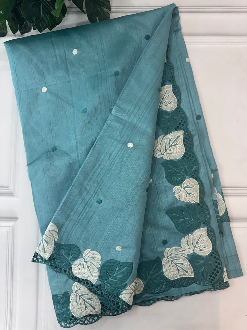 Embroidered Crepe blended tussar silk saree MS14473 GreenishBlue