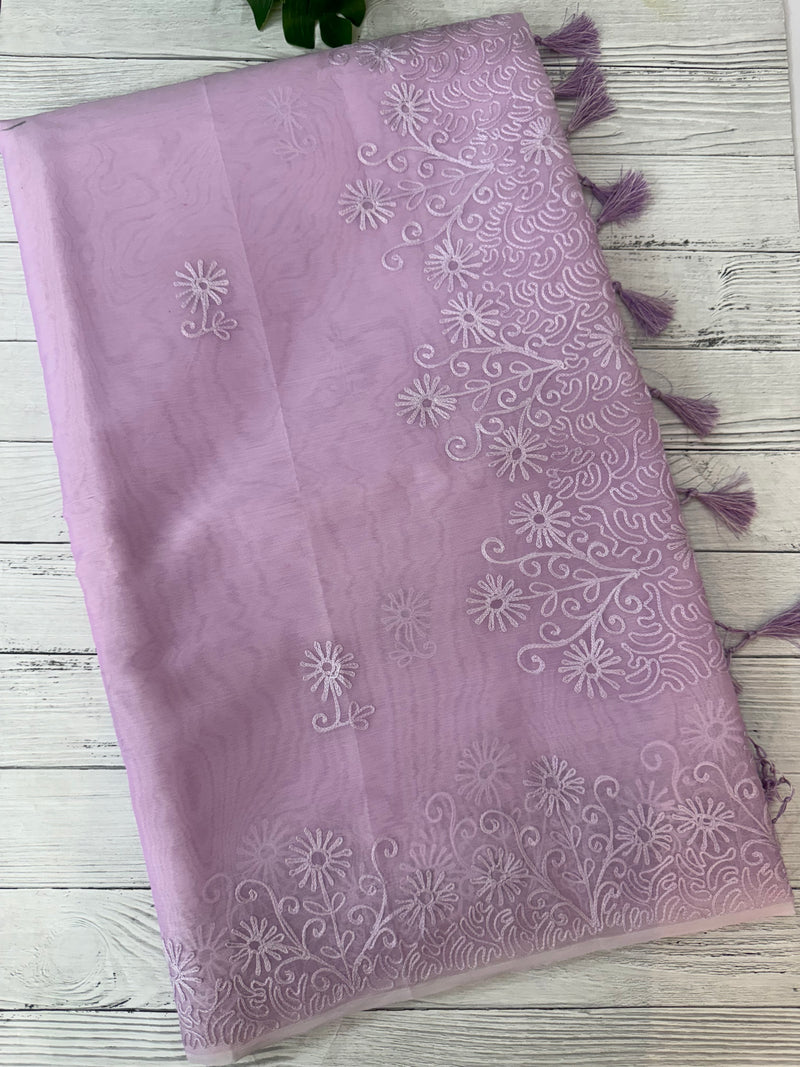 Semi organza saree with lace embroidery - MSH117 Lavender