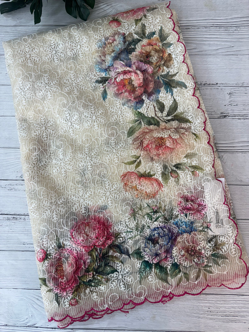 Phulkari NetKota Embroidery and digital printed saree - OffWhite MS6001