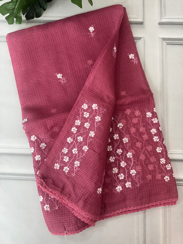 Kota checks saree with embroidery SVTS34- Pink