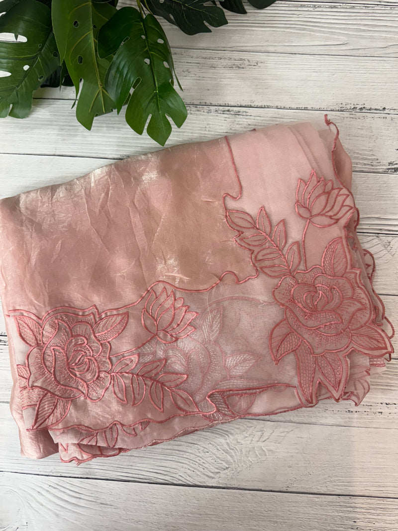 Fancy satin silk organza saree with applique borders MS14207 Peach