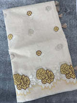 Supernet saree with cross stitch embroidery MSH116 - Beige