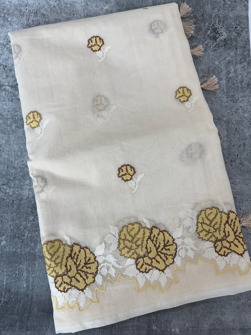 Supernet saree with cross stitch embroidery MSH116 - Beige