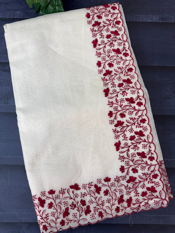 Kota silk saree with embroidery MSB643 OffWhite & Maroon