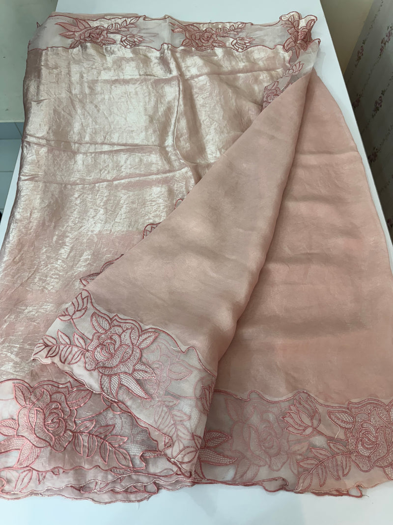 Fancy satin silk organza saree with applique borders MS14207 Peach