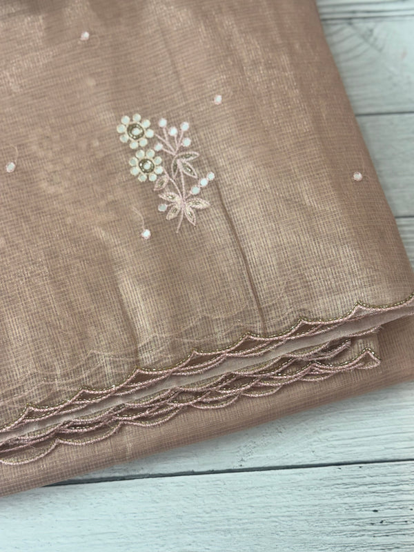 Tissue silk saree with foil work and cutdana scalloped border MTSS432- NudePink