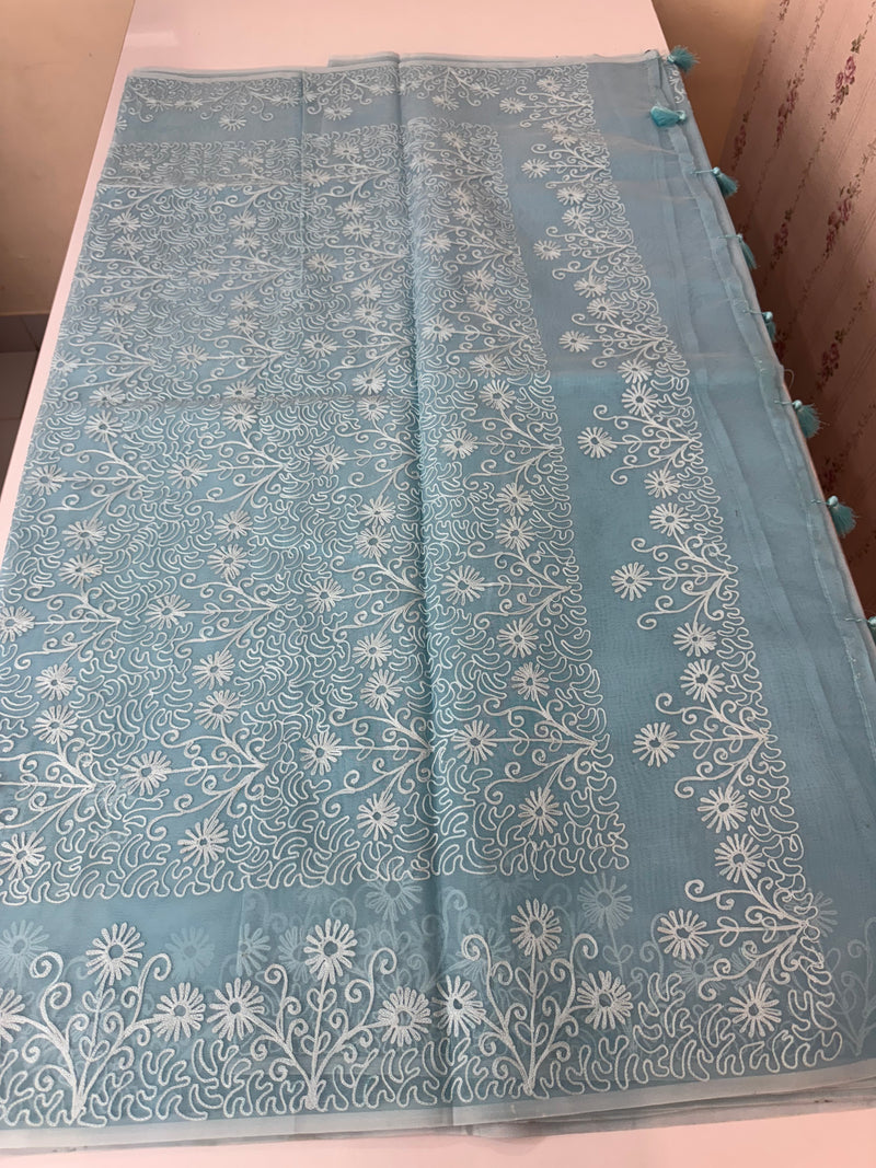 Semi organza saree with lace embroidery - MSH117 LightBlue