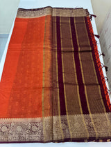 Semi Jute silk sarees with contrast pallu & blouse MJL391 - RustOrange to Coffee