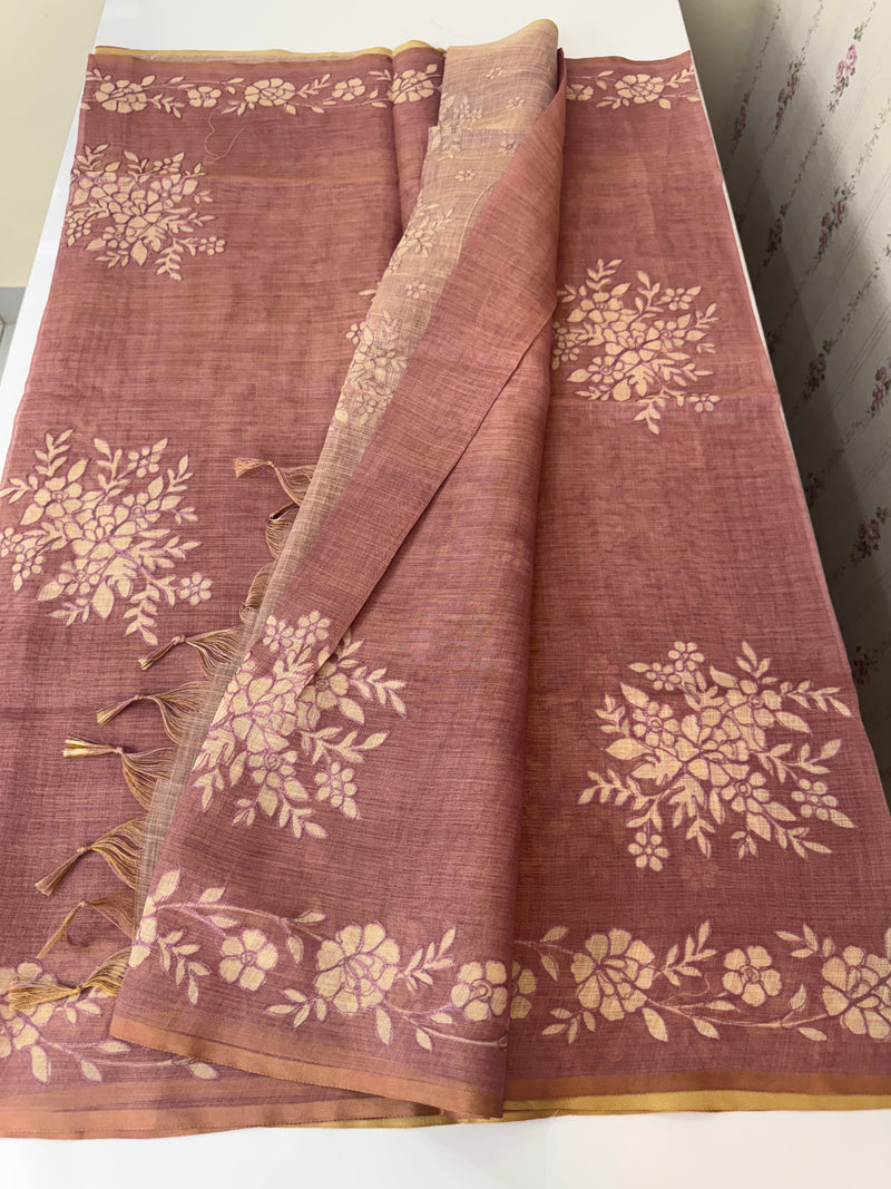 Tissue Linen Saree with applique work MRS890