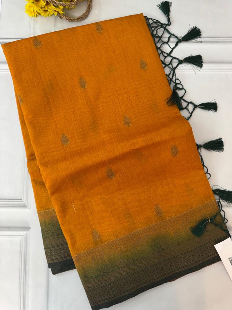 Jute tussar silk sarees with contrast pallu & brocade blouse MS1688 - Mustard to Green