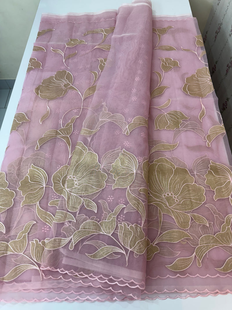 Organza saree with tissue applique work MS5081- Pink