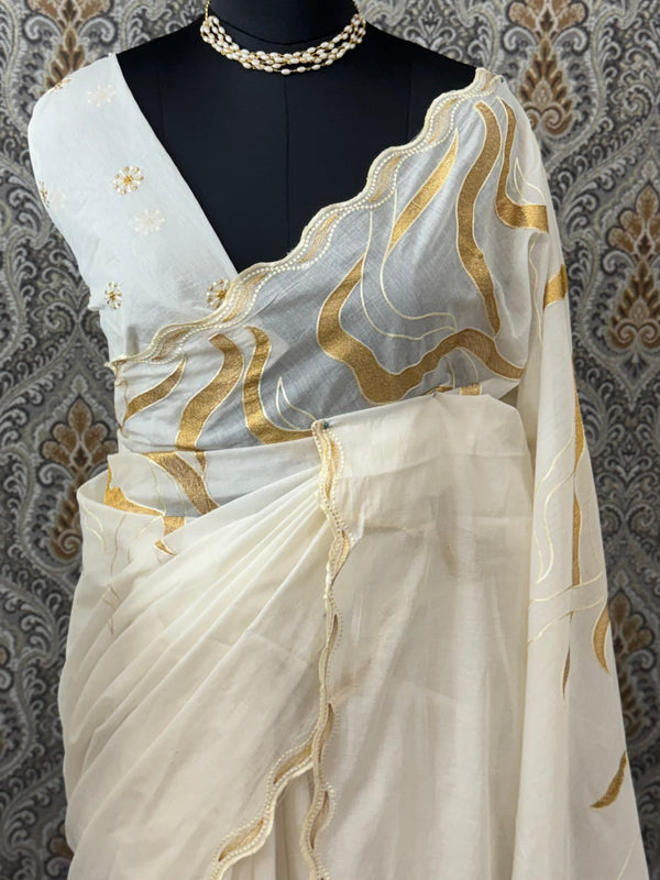Mul chanderi embriodery saree with scalloped borders MCBS654