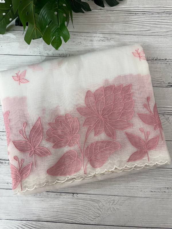 Tissue mix soft silk saree with applique work MTSS5432 White to PeachPink