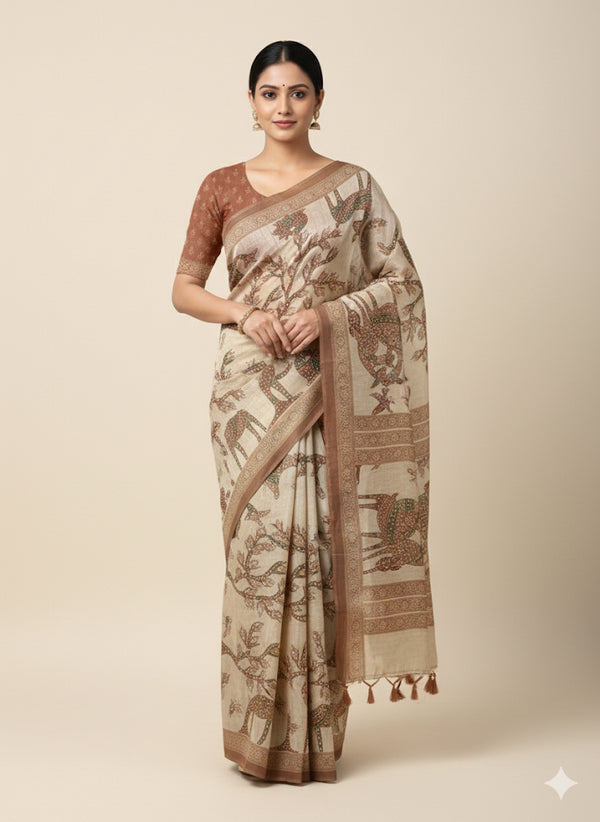 Blended linen saree with knotted embroidery and digital prints MLS4545