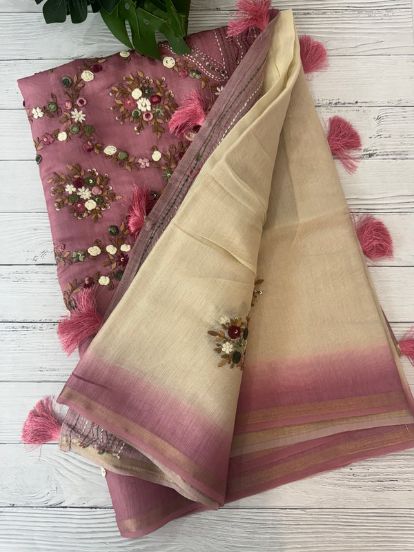 Kosa Tussar silk saree with hand embriodery - MS8199 BlushPink