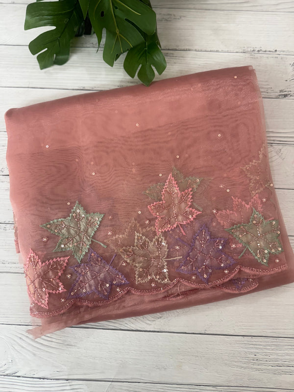 Handworked glass organza saree with applique work- MSHW227- Peach