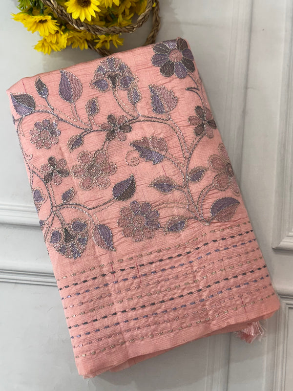 Crushed Blended tussar silk saree with embroidery- SNFCYEY Pastel PeachPink