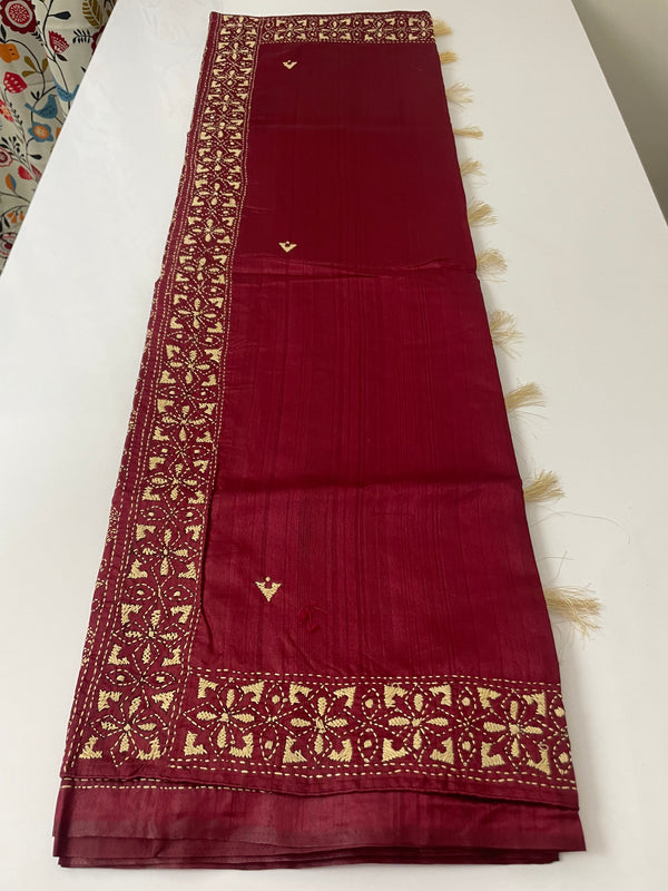 Semi tussar saree with kanta embroidery MKEE661 MaroonRed