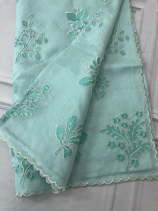 Soft kota silk saree with applique embroidery and scalloped border MS15232
