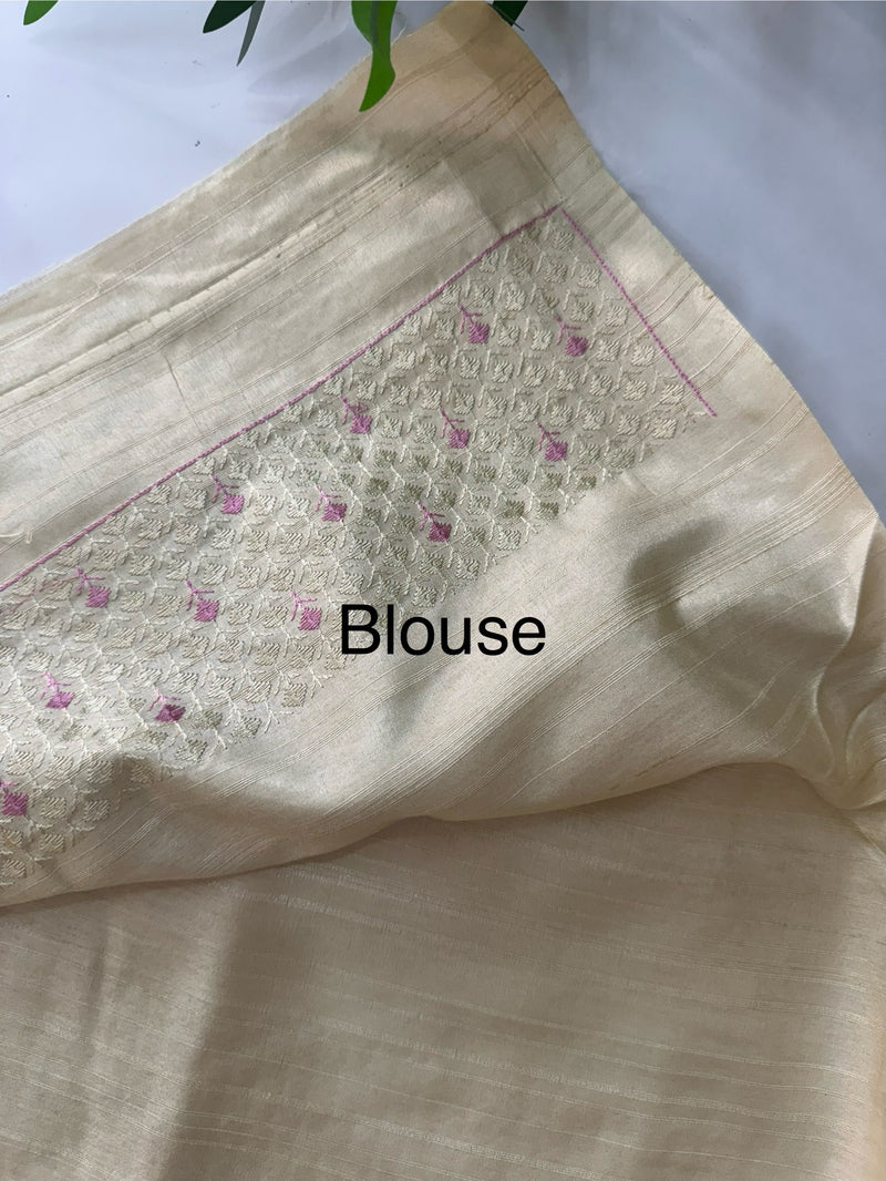 Blended tussar saree with embriodery - SEFNMYS Cream