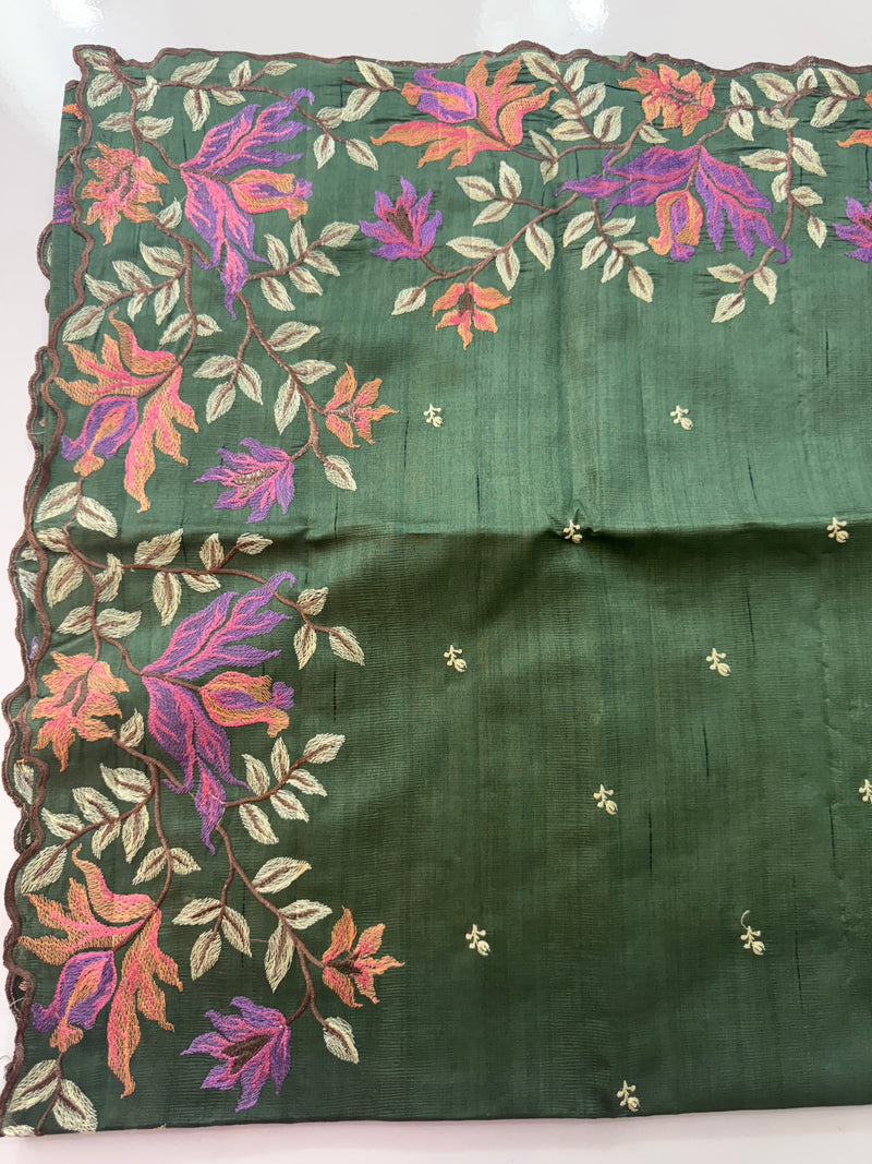 Crushed Blended tussar silk saree with embroidery- SNFCYEY- JadeGreen
