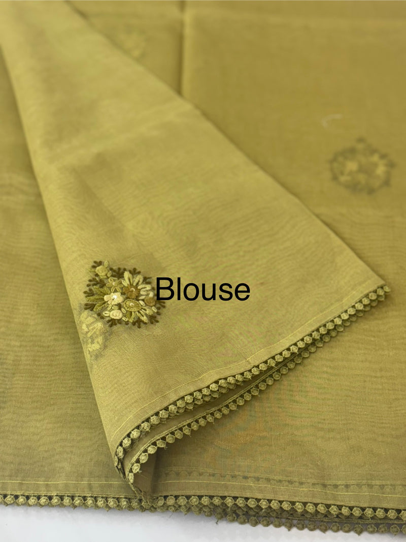 Handworked Tissue silk saree with French knots FBLK162 YellowMixGreen