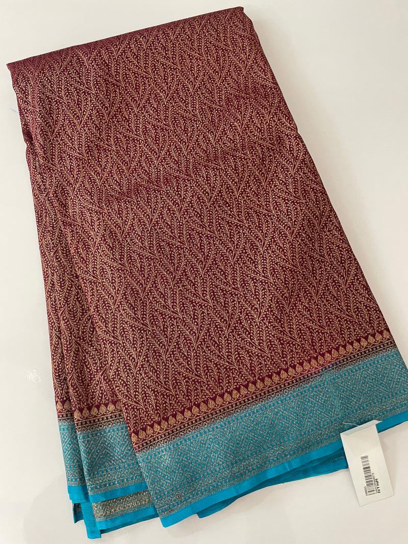 Banarasi semi katan saree with contrast border SHKNTNM- Wine to Blue