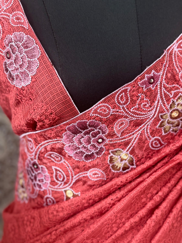 Phulkari NetKota embroidery saree - MPKS905 BRICK